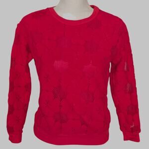 Vintage Red Terry Floral Mesh Cotton Sweater S Textured Lined Crewneck Pullover